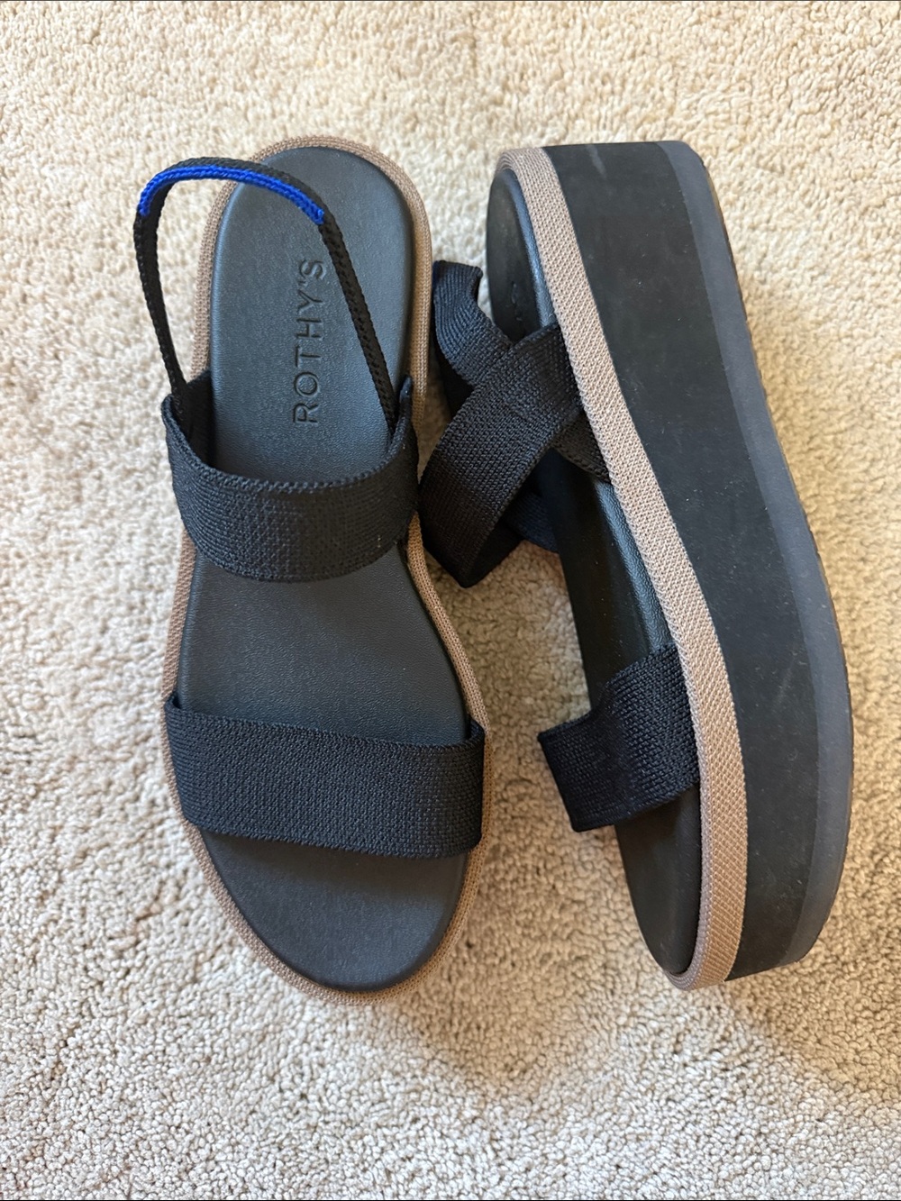 Rothy's Black Platform Sandal with Brown Trim and Blue Heel Accent